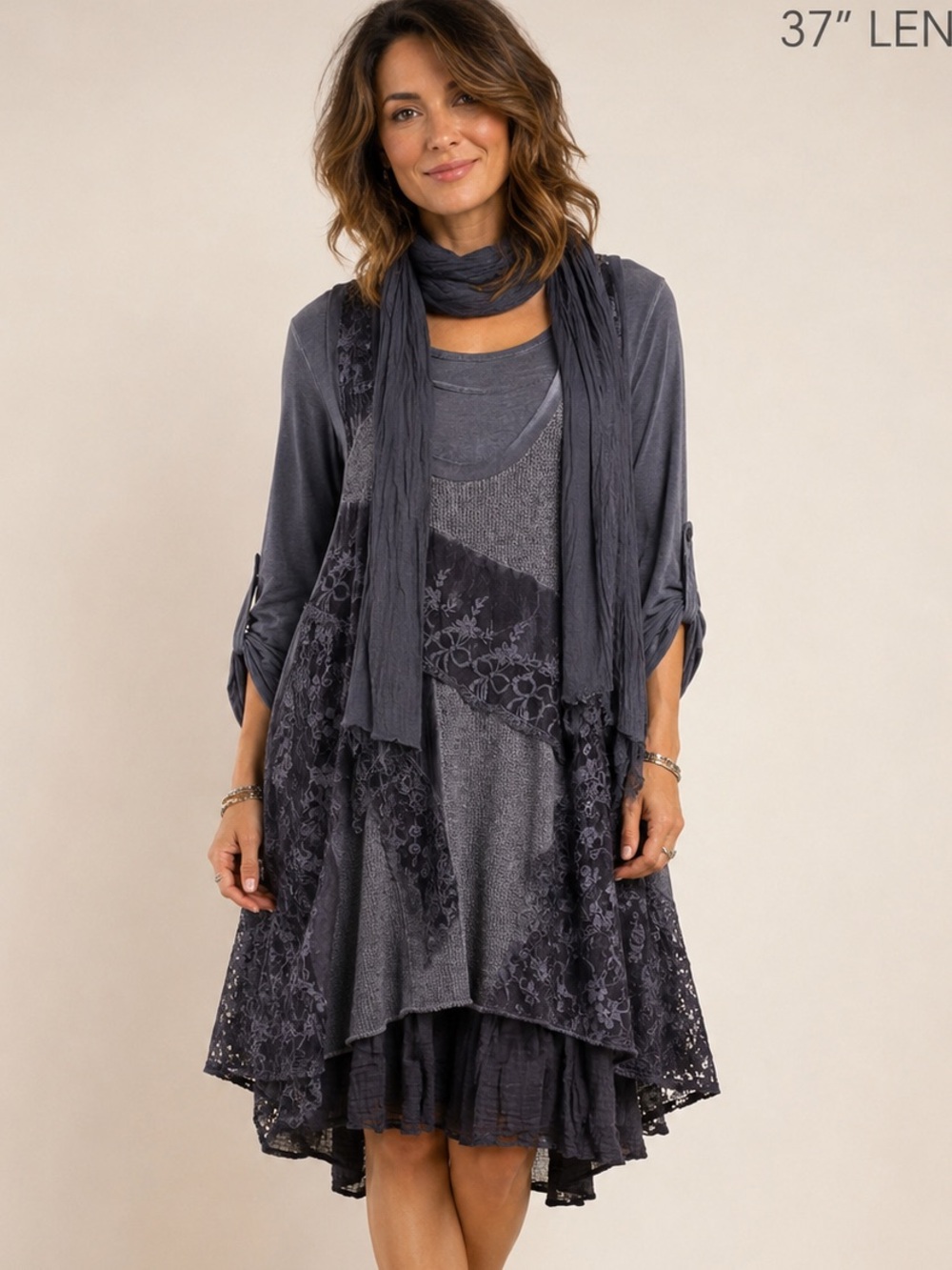 Annabelle - 3PC Lagenlook Artsy Mix Media Dress/Tunic/Scarf -S/M